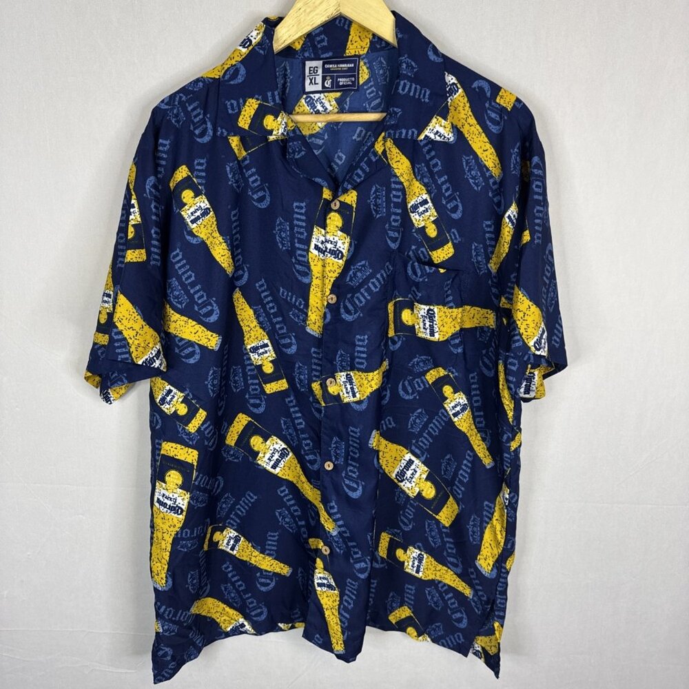 Corona Extra Hawaiian Shirt Men’s XL Blue Beer Bottle Print Button